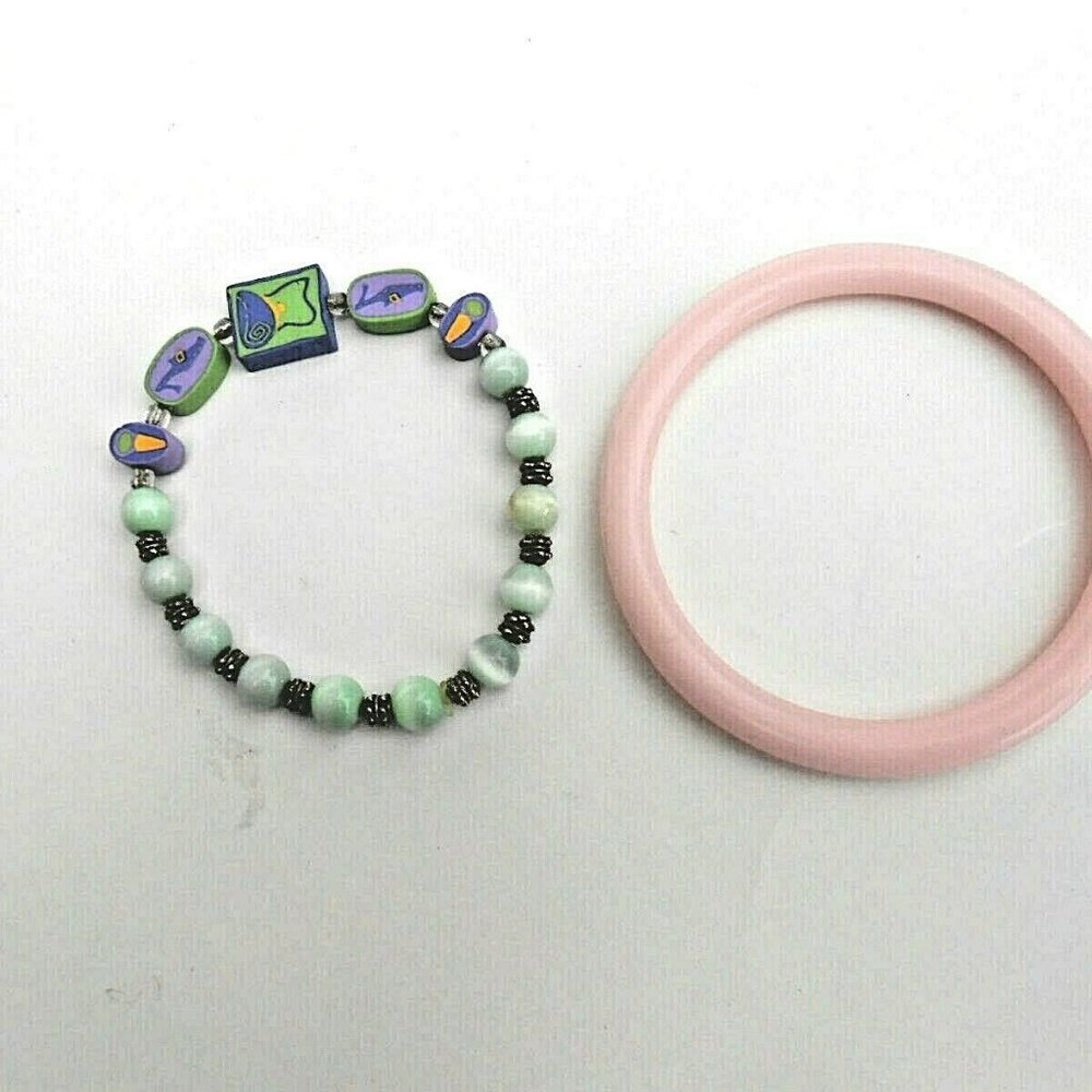2 Pc Polymer Clay Novelty & Cats Eye Bead Stretch Bracelet + Pink Lucite Bangle - Picture 3 of 3